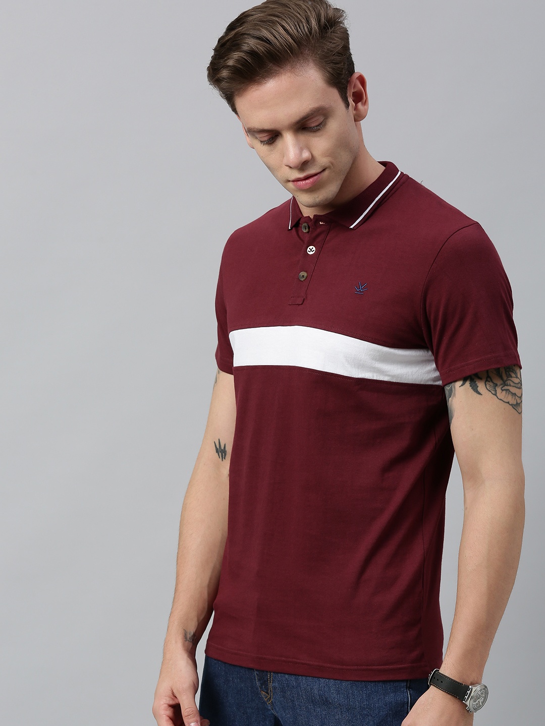 

WROGN Men Burgundy White Solid Slim Fit Polo Collar Pure Cotton T-shirt with Colourblocked Detail
