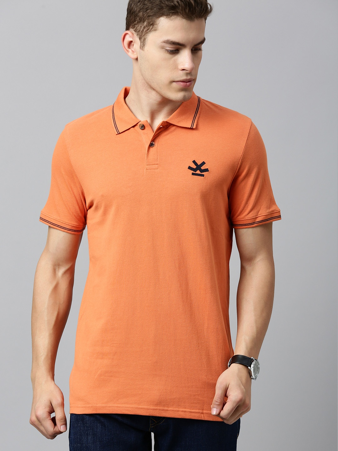 

WROGN Men Orange Solid Slim Fit Polo Collar Pure Cotton T-shirt