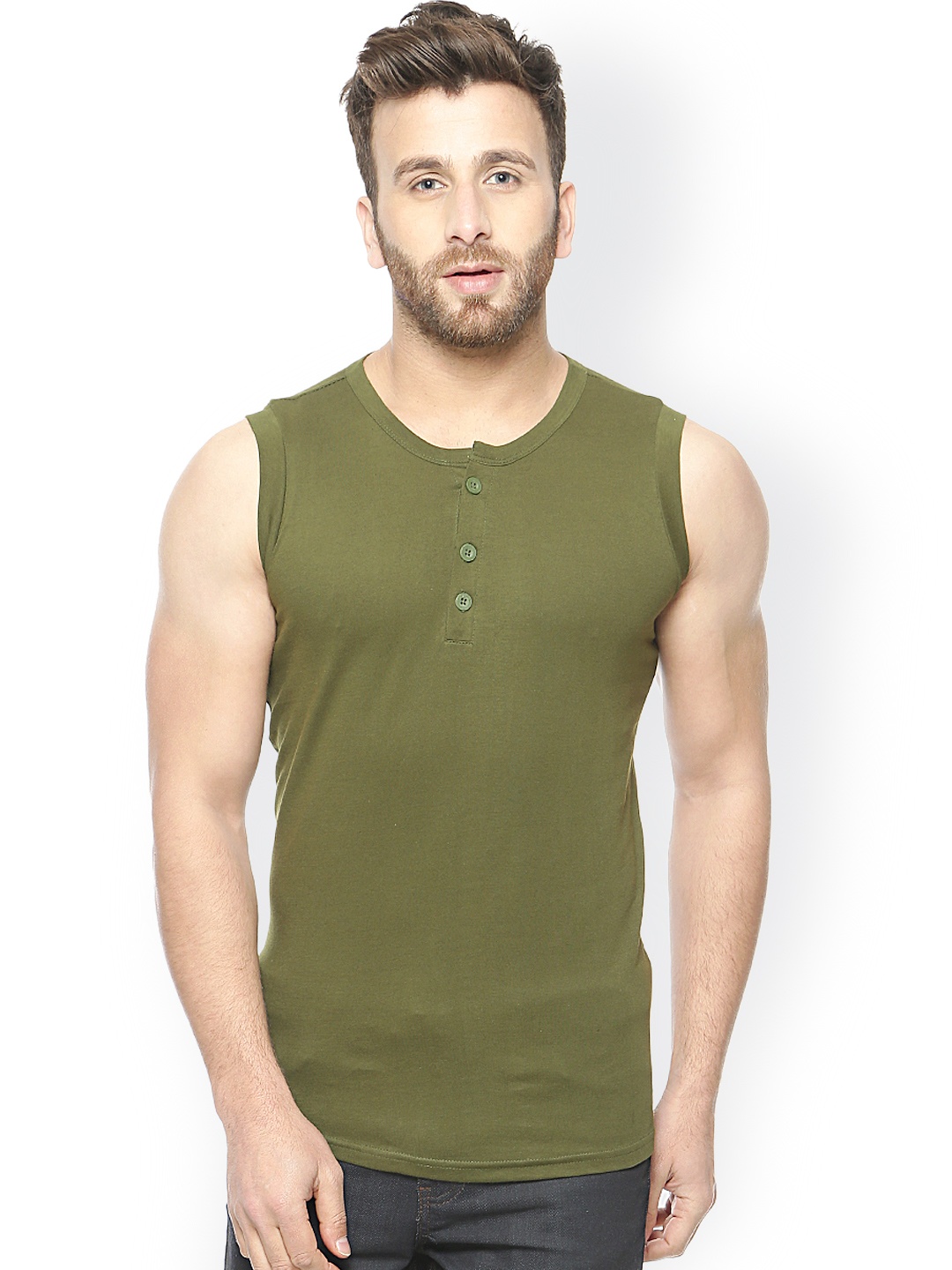 

GRITSTONES Olive Green Sleeveless T-shirt