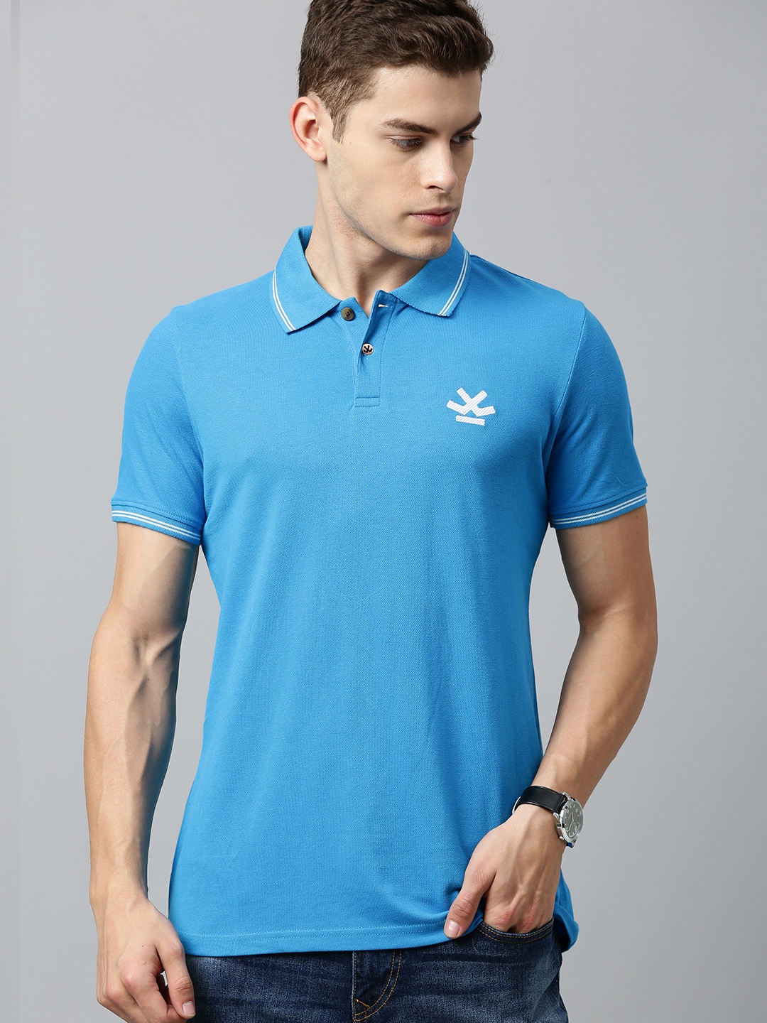 

WROGN Men Blue Solid Slim Fit Polo Collar Pure Cotton T-shirt