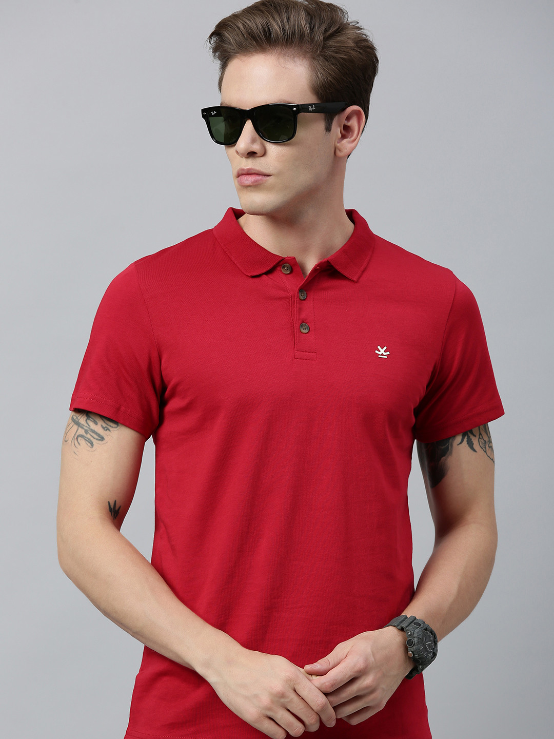 

WROGN Men Red Solid Slim Fit Polo Collar Pure Cotton T-shirt