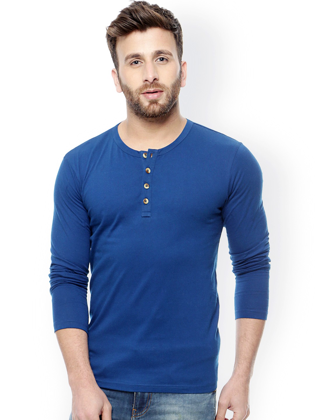 

GRITSTONES Men Blue Solid Henley Neck T-shirt