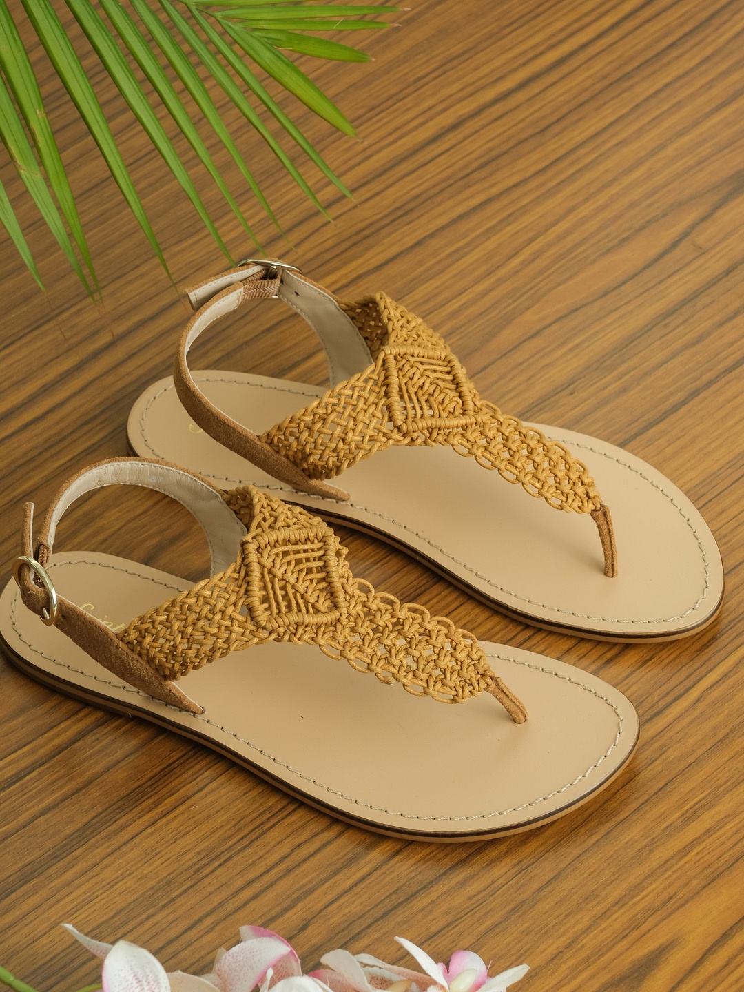 

Saint G Women Tan Brown Woven Design Leather T-Strap Flats