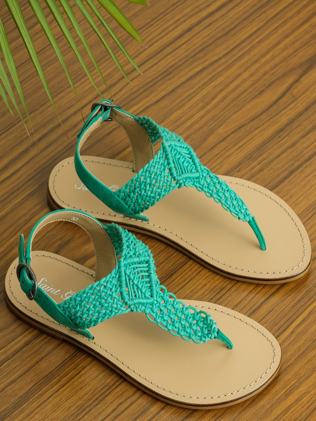 

Saint G Women Sea Green Solid Jade Leather T-Strap Flats