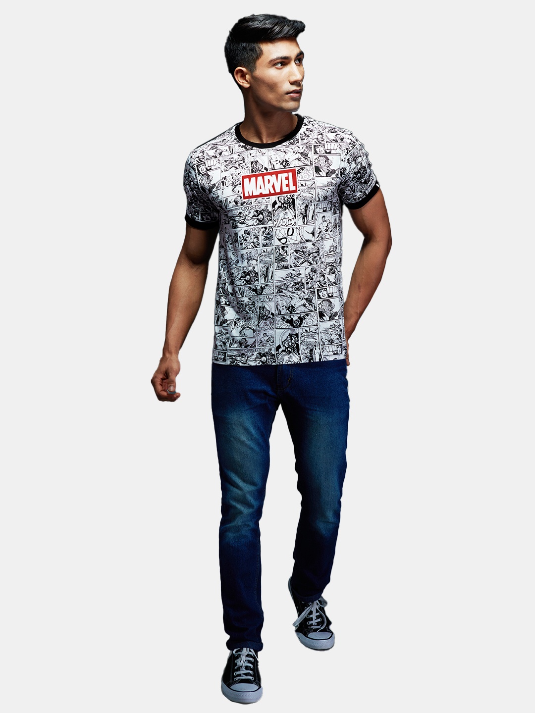 

The Souled Store Men White & Black Marvel Comic Strip Print Round Neck T-shirt