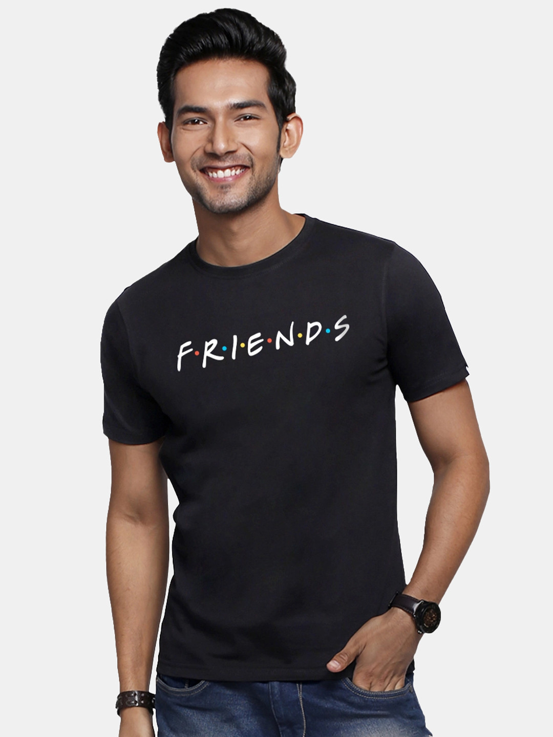

The Souled Store Unisex Black Friends Printed Round Neck Pure Cotton T-shirt
