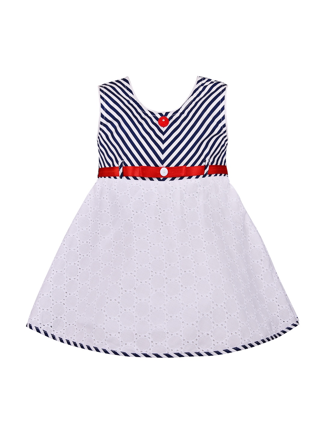 

Wish Karo Girls White & Navy Blue Striped Fit and Flare Dress