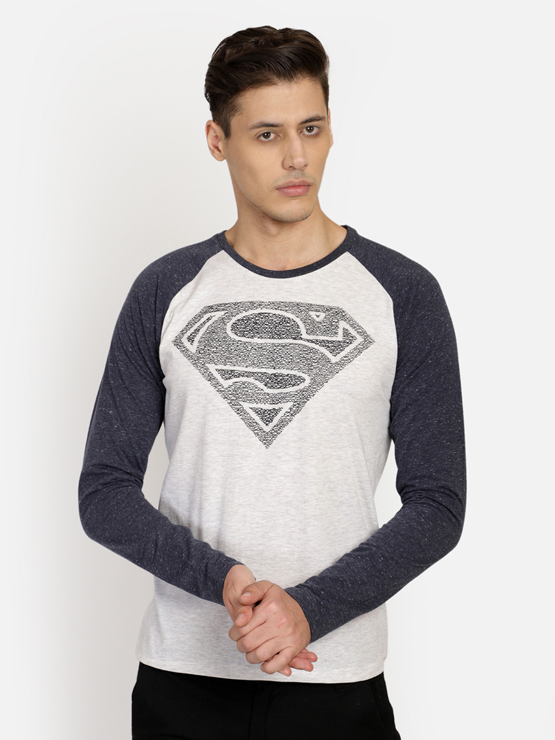 

Free Authority Men Grey Melange Navy Blue Superman Print Pure Cotton T-shirt