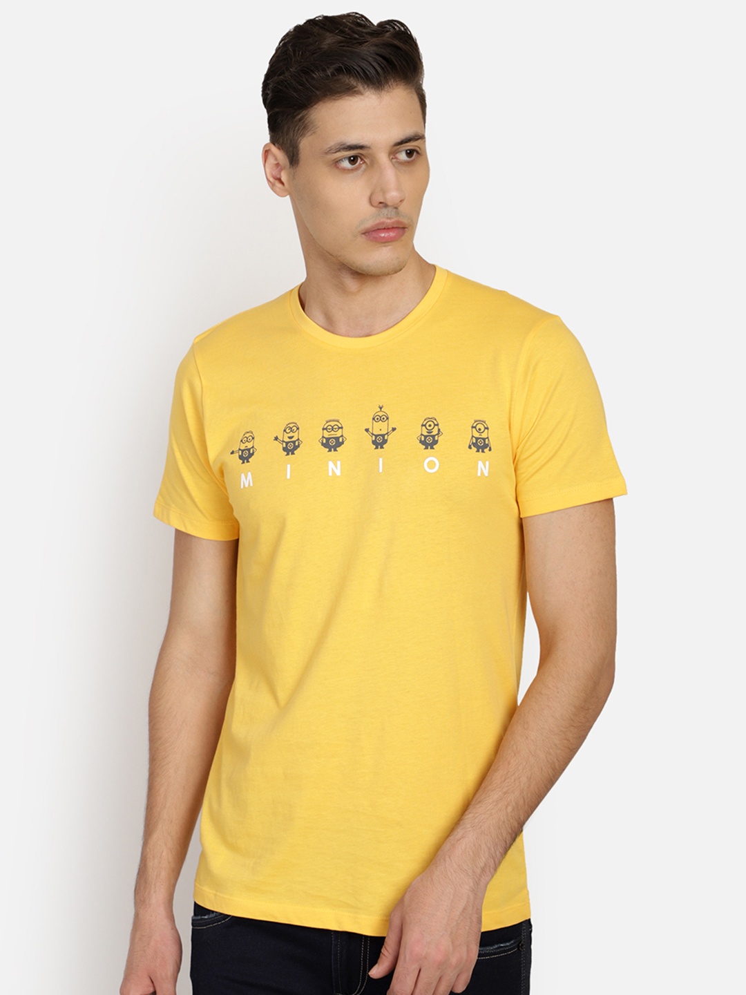 

Free Authority Men Yellow Minions Printed Round Neck Pure Cotton T-shirt