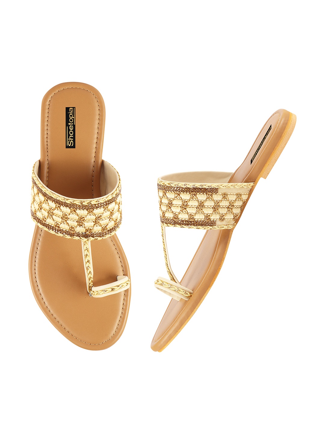 

Shoetopia Women Cream-Coloured & Gold-Toned Embellished One Toe Flats