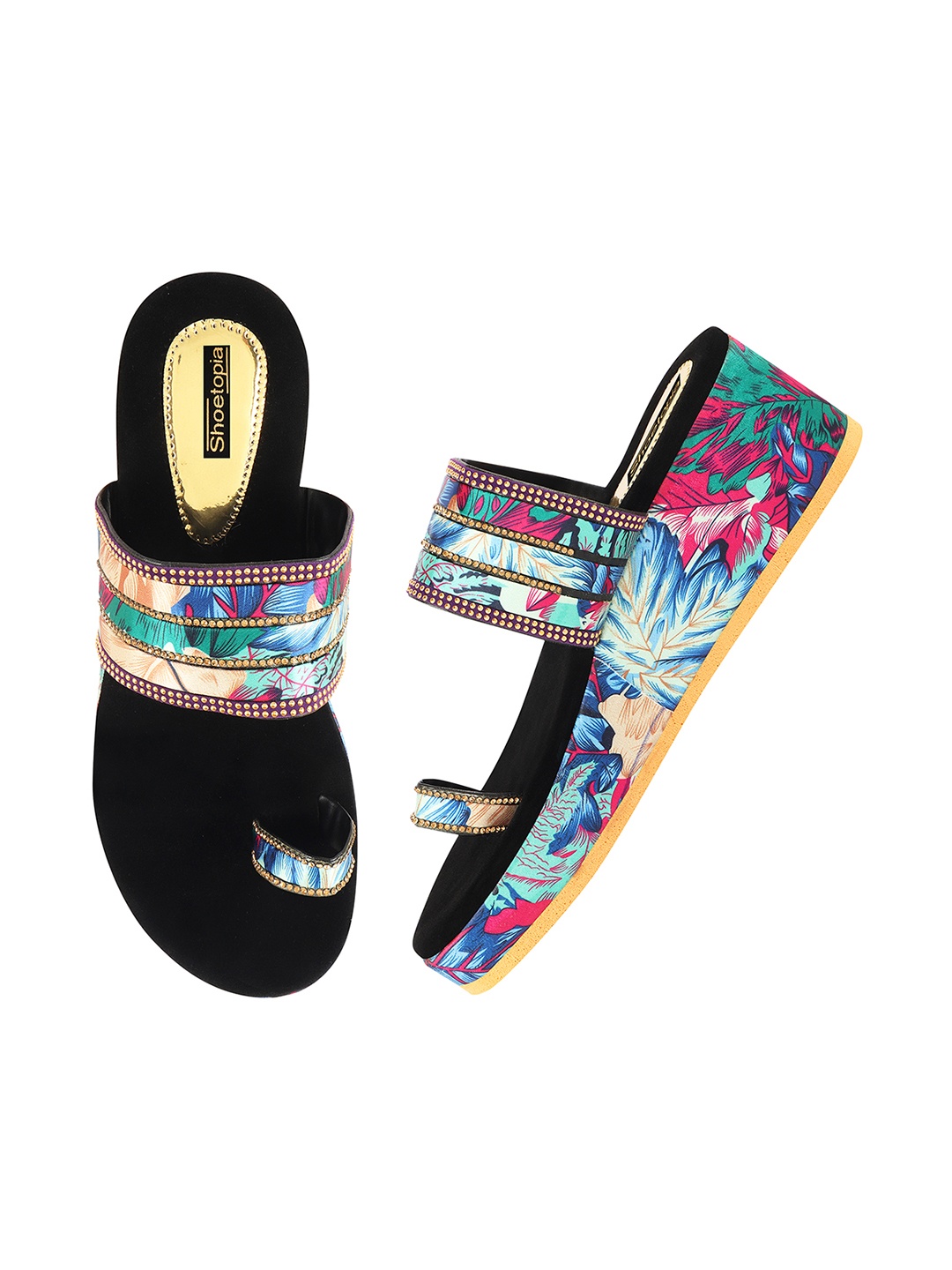 

Shoetopia Women Blue & Pink Floral Print Embellished Platforms