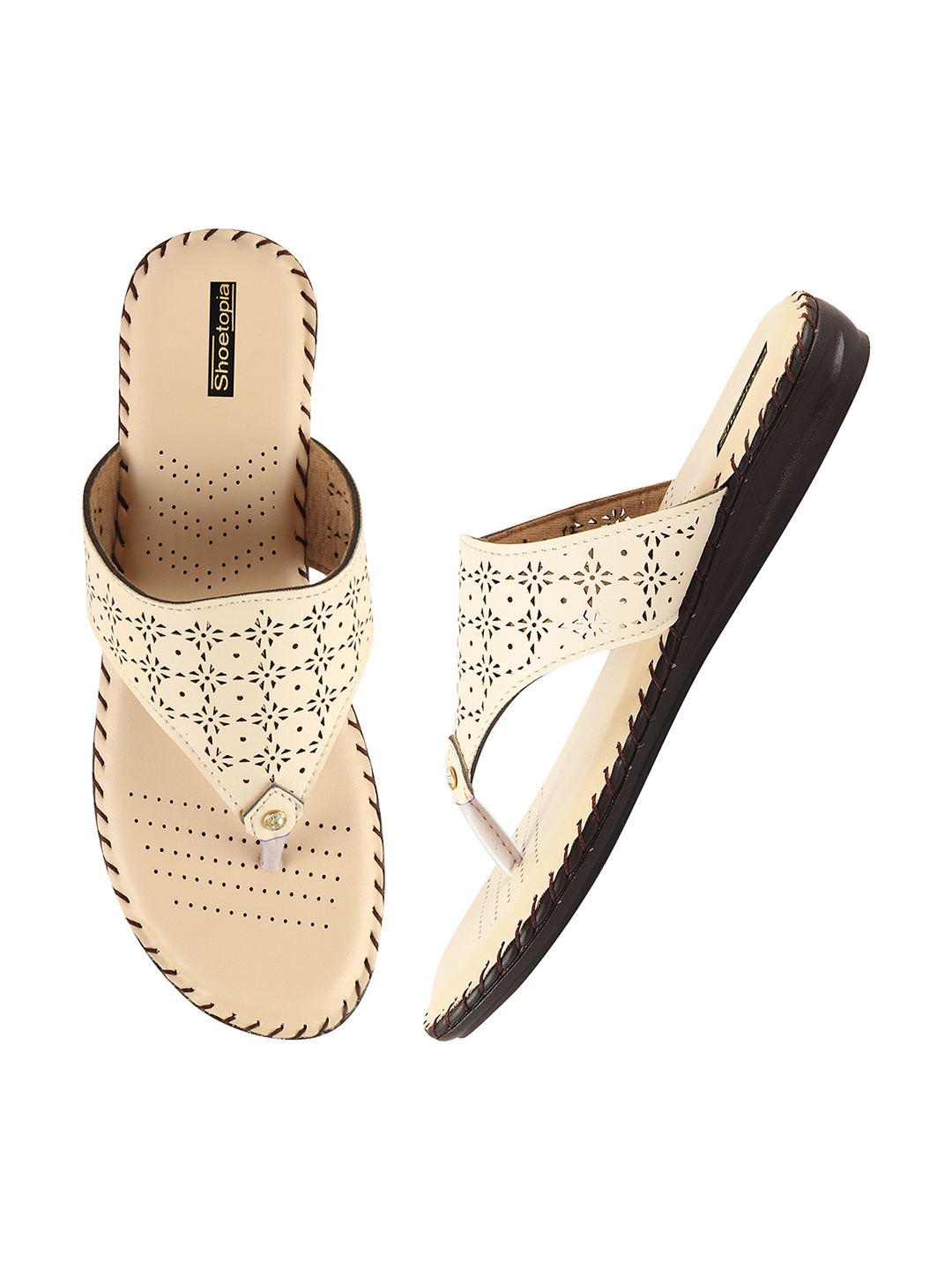 

Shoetopia Women Cream Laser Cuts Open Toe Flats