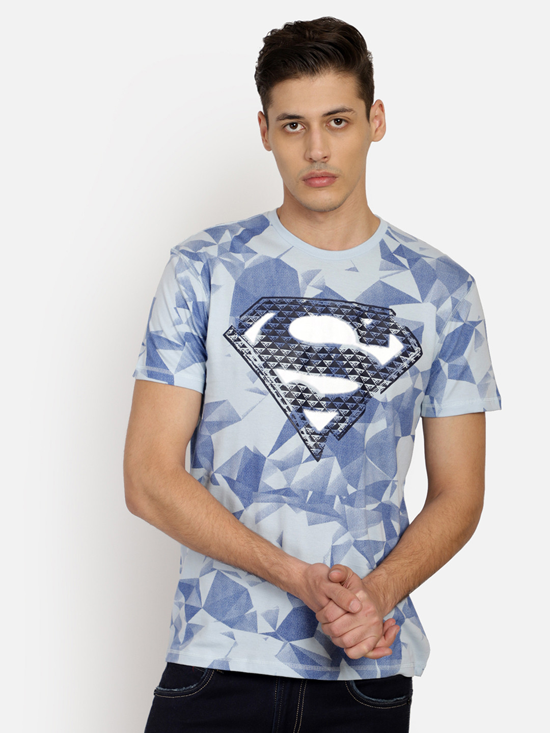 

Free Authority Men Blue White Superman Printed Round Neck Pure Cotton T-shirt