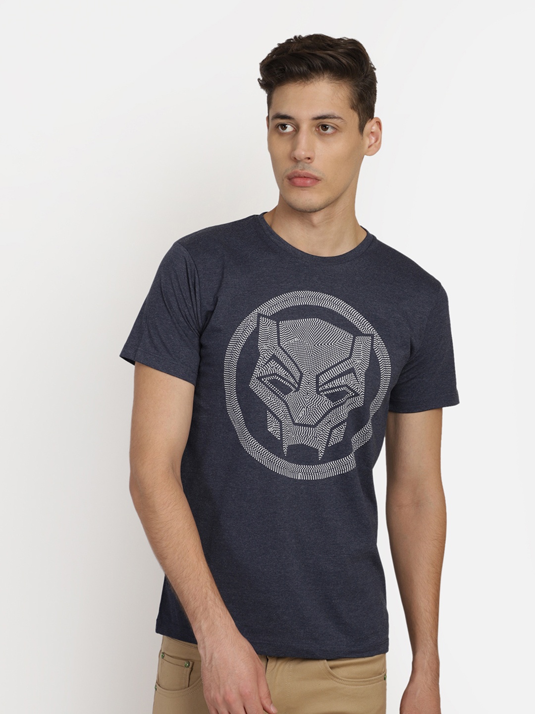 

Free Authority Men Navy Blue Black Panther Printed Round Neck Pure Cotton T-shirt