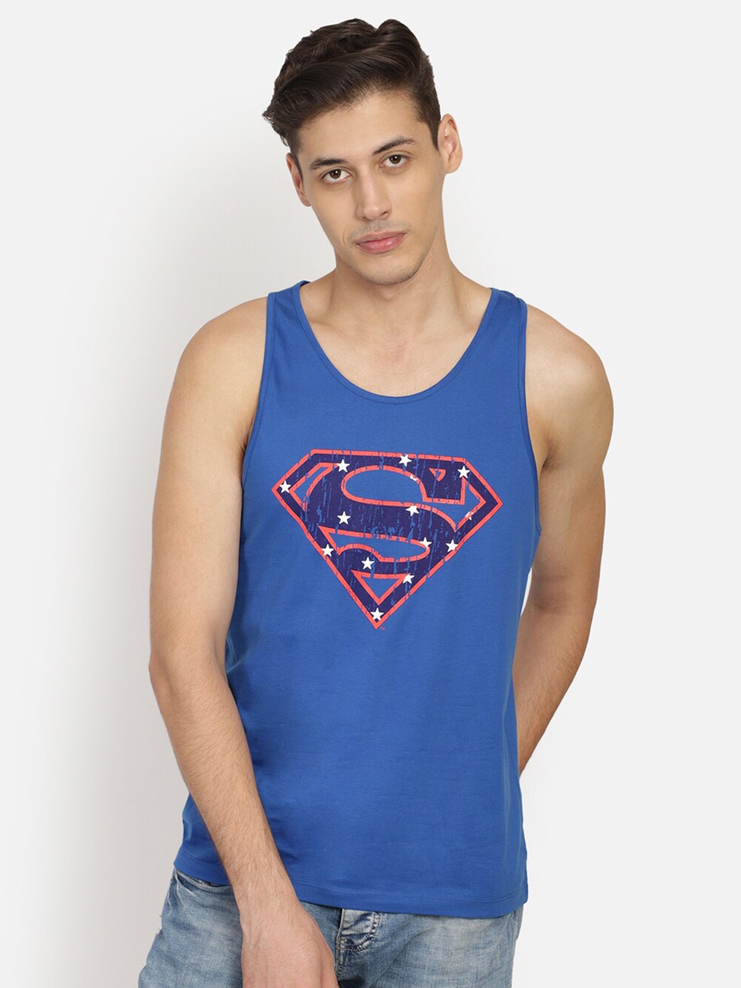 

Free Authority Men Blue Superman Printed V-Neck Pure Cotton T-shirt