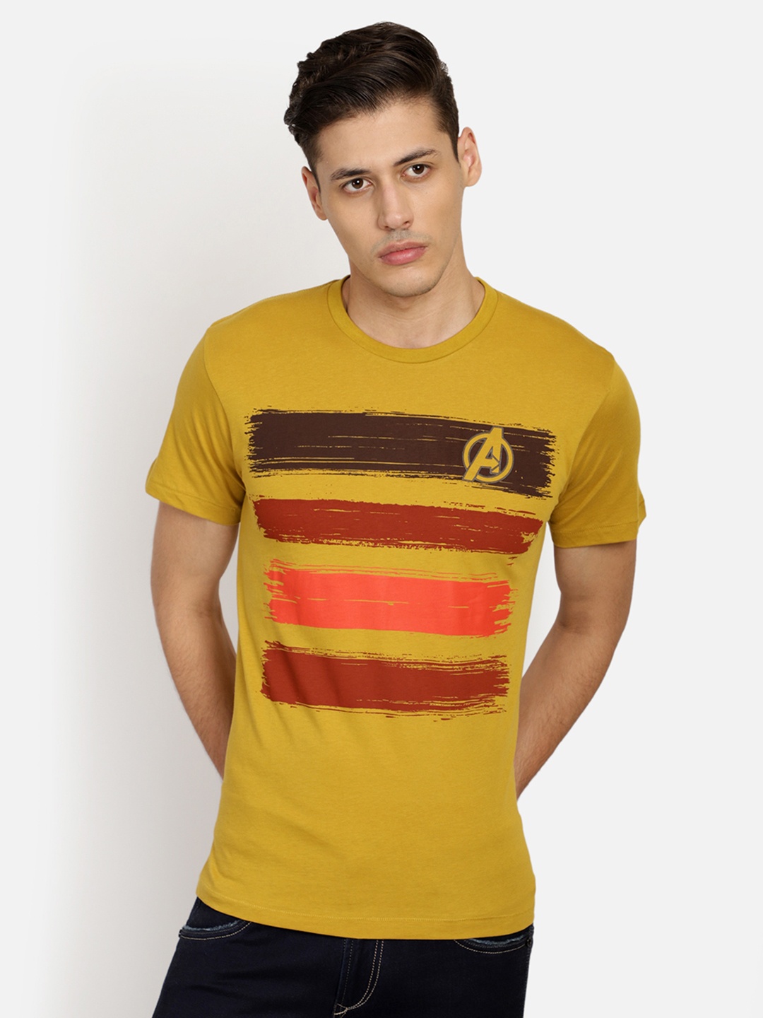 

Free Authority Men Yellow Avengers Striped Round Neck Pure Cotton T-shirt
