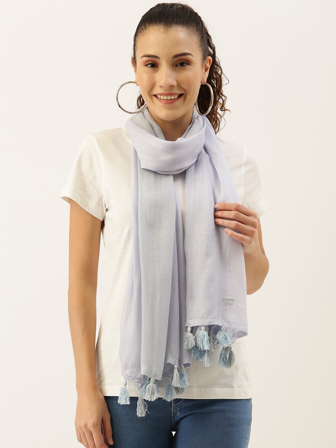 

Ayesha Women Purple Dotted Tassel Scarf, Blue