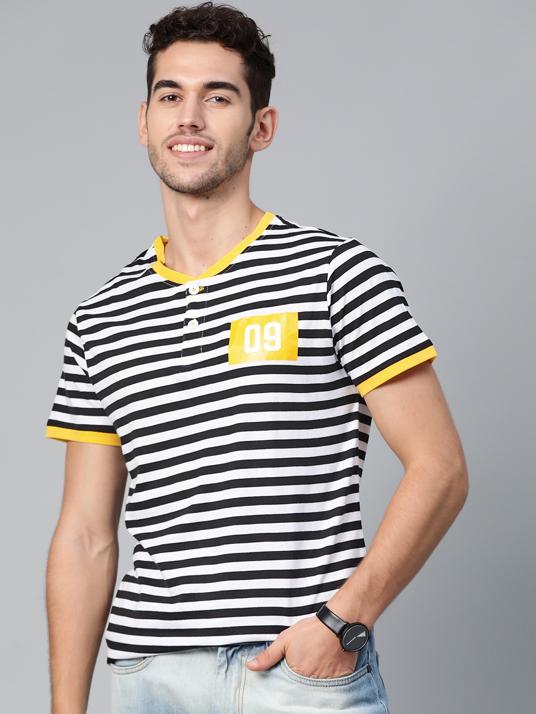 

ManQ CASUAL Men Black & White Slim Fit Striped Henley Neck T-shirt