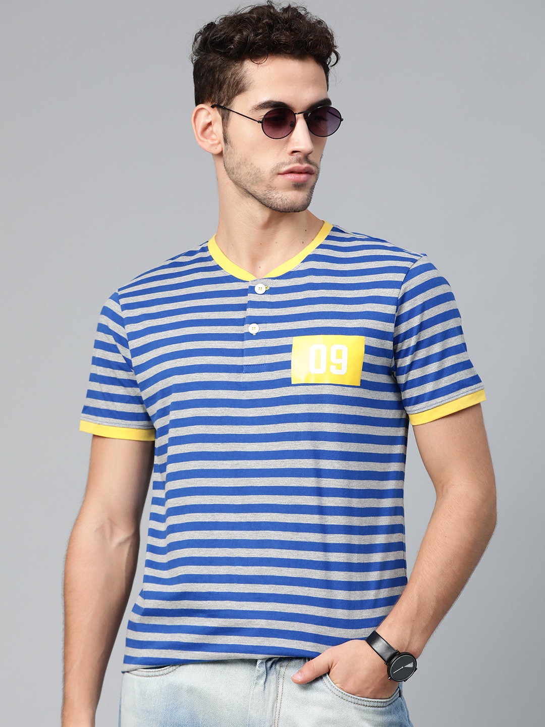 

ManQ CASUAL Men Blue & Grey Melange Slim Fit Striped Henley Neck T-shirt