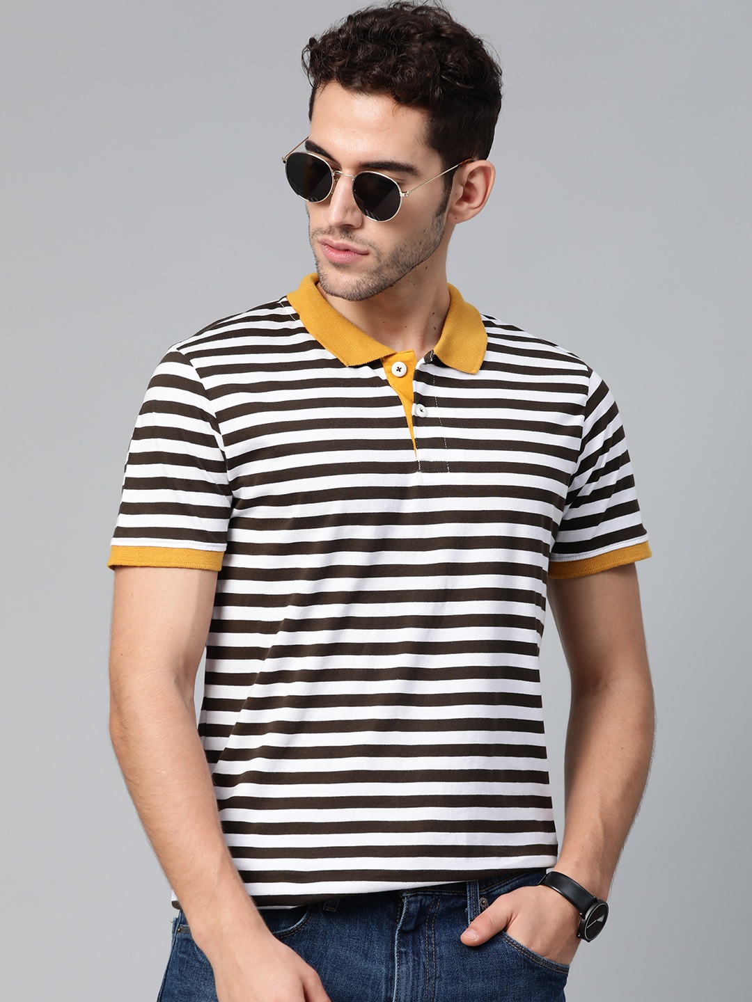 

ManQ CASUAL Men Olive Brown & White Striped Polo Collar T-shirt