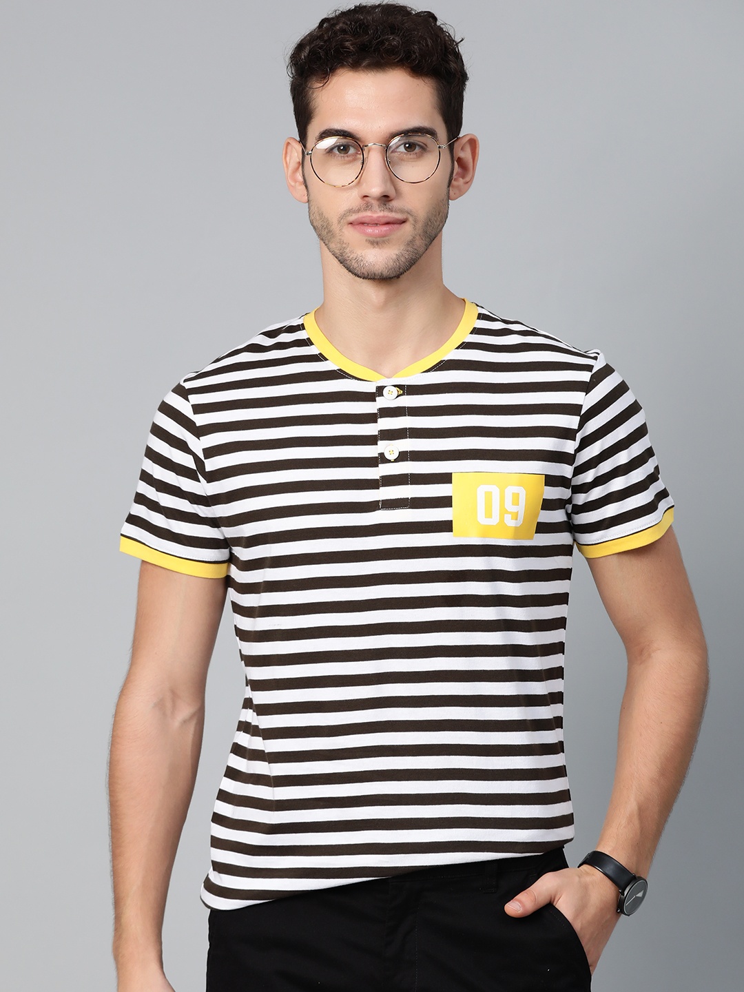 

ManQ CASUAL Men Olive Green & White Slim Fit Striped Henley Neck T-shirt