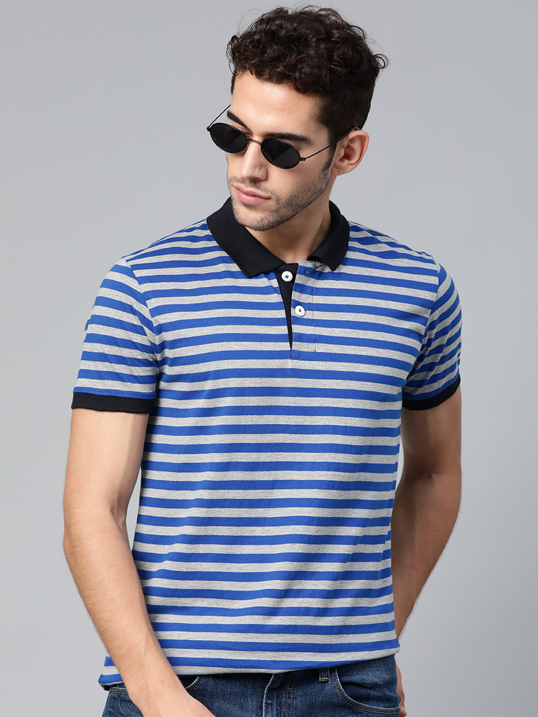 

ManQ CASUAL Men Blue & Grey Melange Slim Fit Striped Polo Collar T-shirt