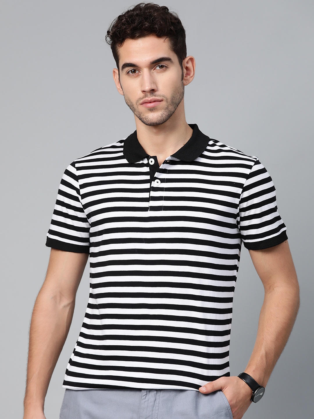 

ManQ CASUAL Men Black & White Slim Fit Striped Polo Collar T-shirt