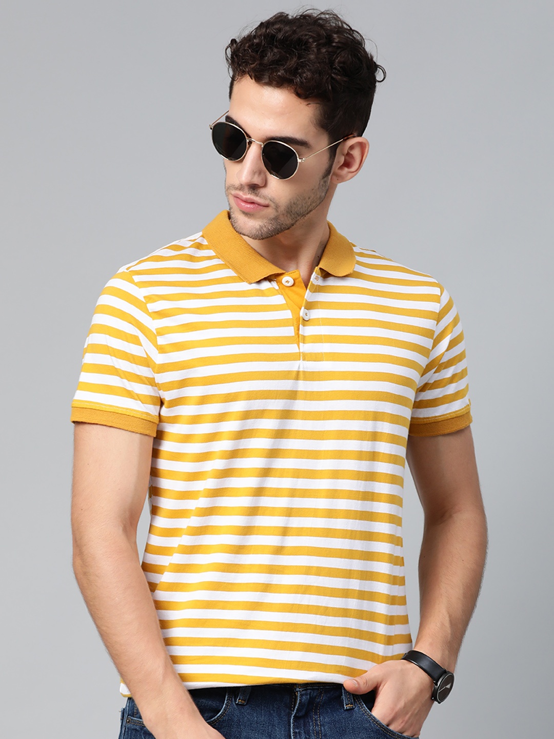 

ManQ CASUAL Men Mustard Yellow & White Slim Fit Striped Polo Collar T-shirt