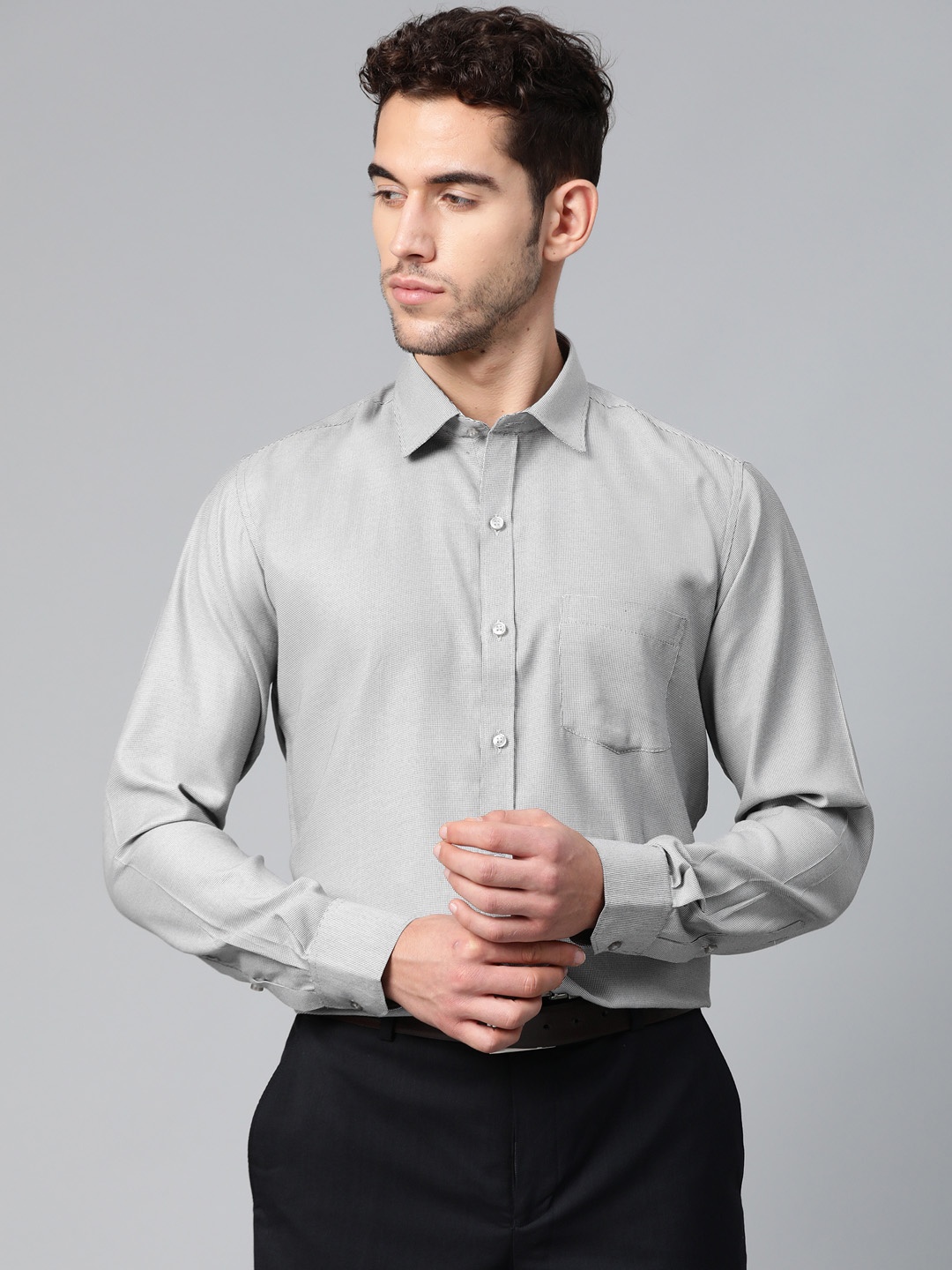 

MANQ Men Grey Regular Fit Self Design Formal Shirt