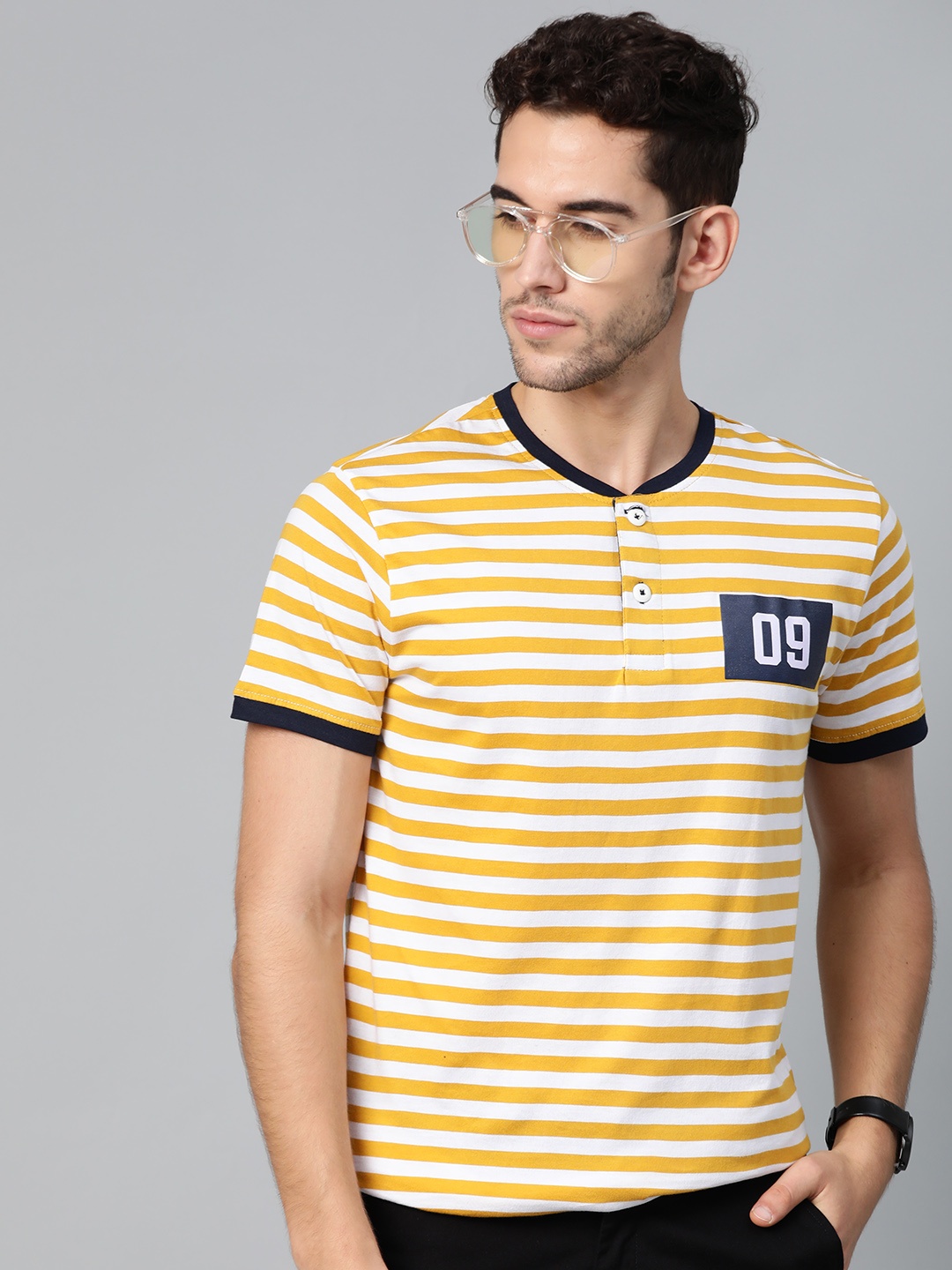 

ManQ CASUAL Men Mustard Yellow & White Slim Fit Striped Henley Neck T-shirt