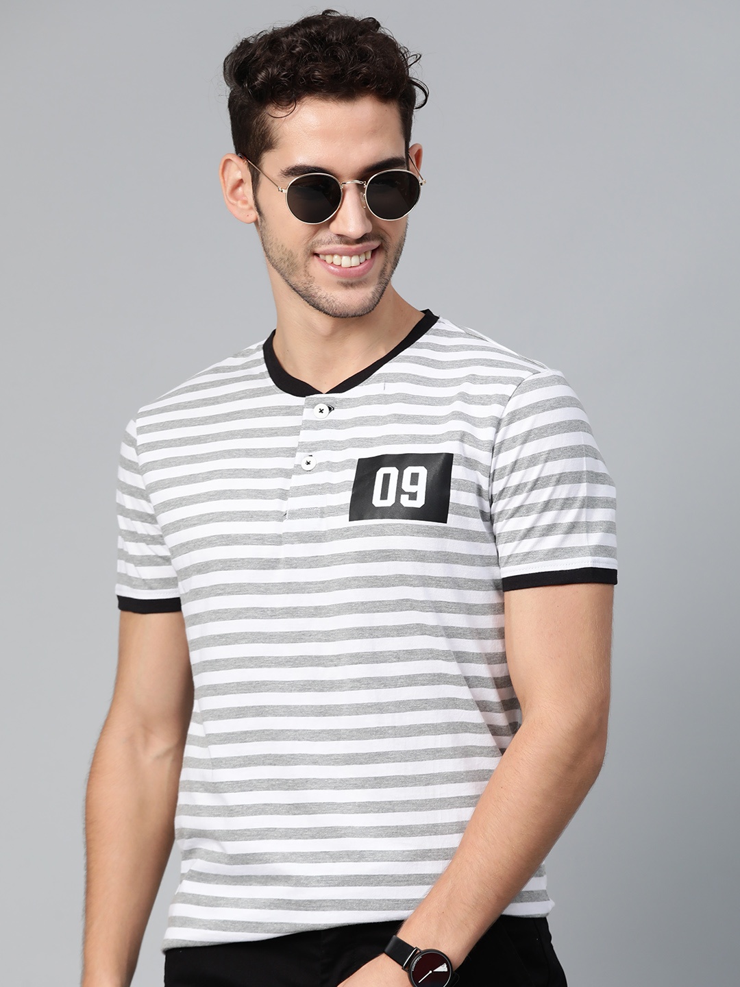 

ManQ CASUAL Men Grey Melange & White Slim Fit Striped Henley Neck T-shirt