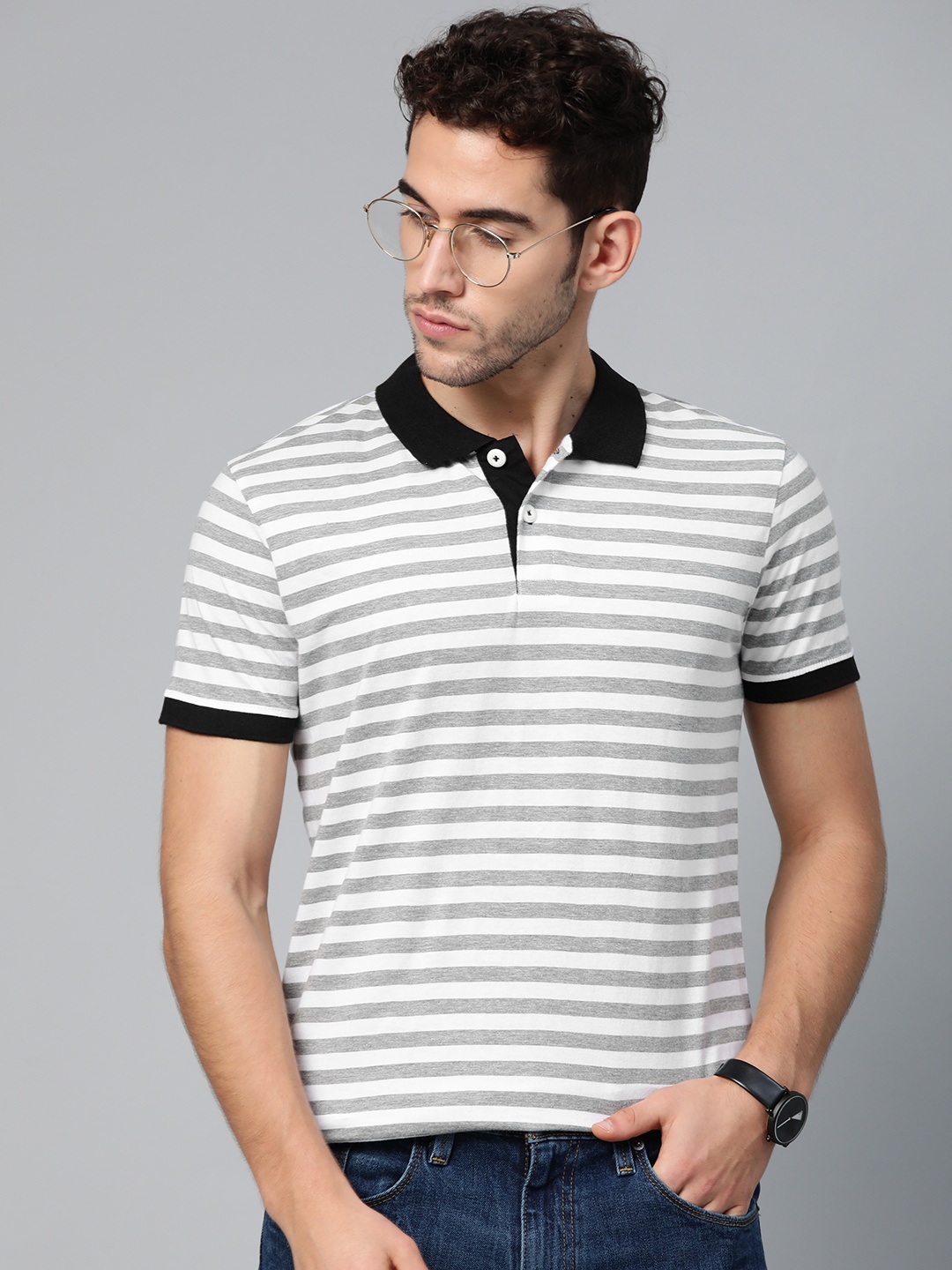 

ManQ CASUAL Men Grey Melange & White Slim Fit Striped Polo Collar T-shirt