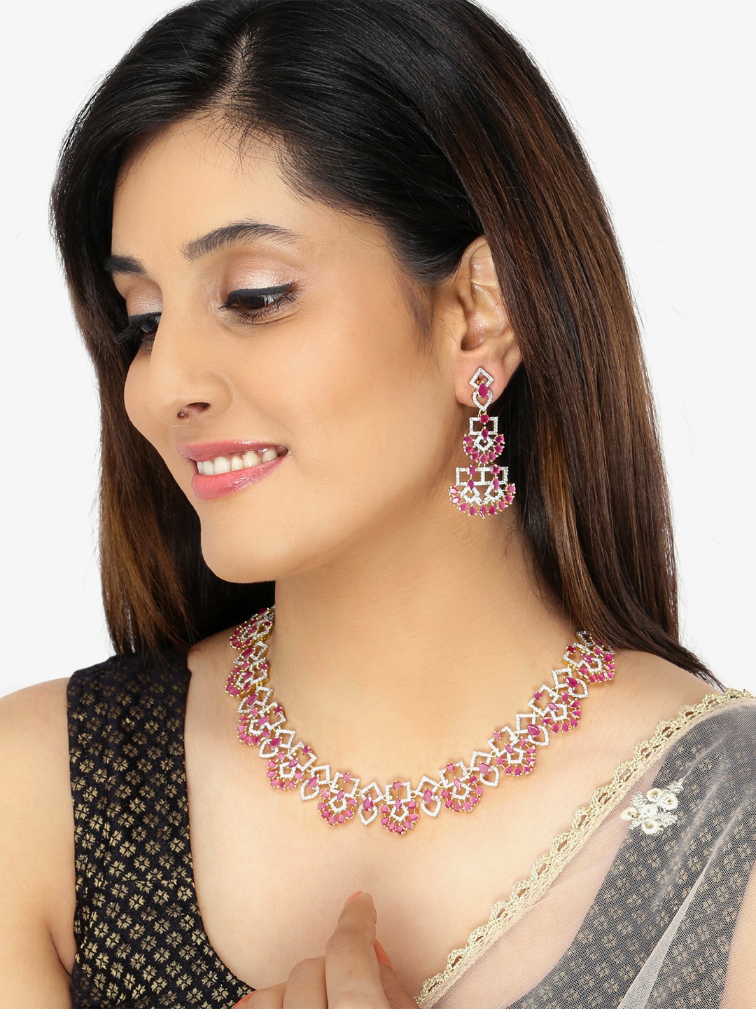 

Yellow Chimes Gold Plated Pink & White American Diamond Studded Handcrafted Jewellery Set