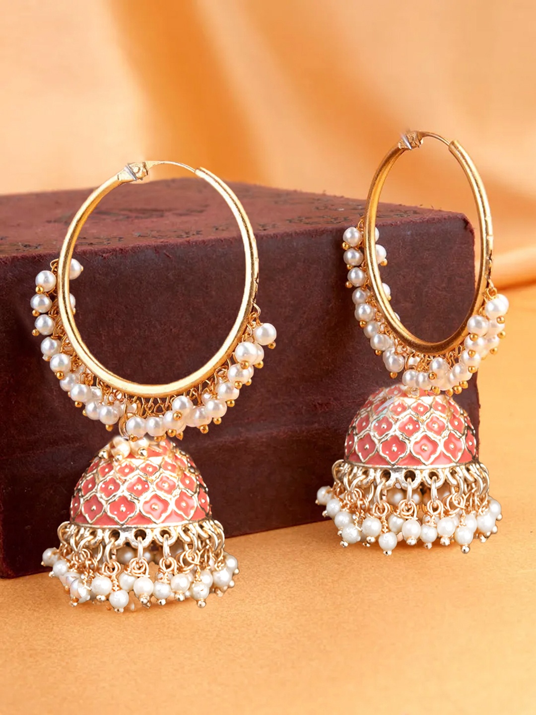 

Yellow Chimes Woman Gold Toned Meenakari Traditional Jhumka Hoop Earrings, Peach