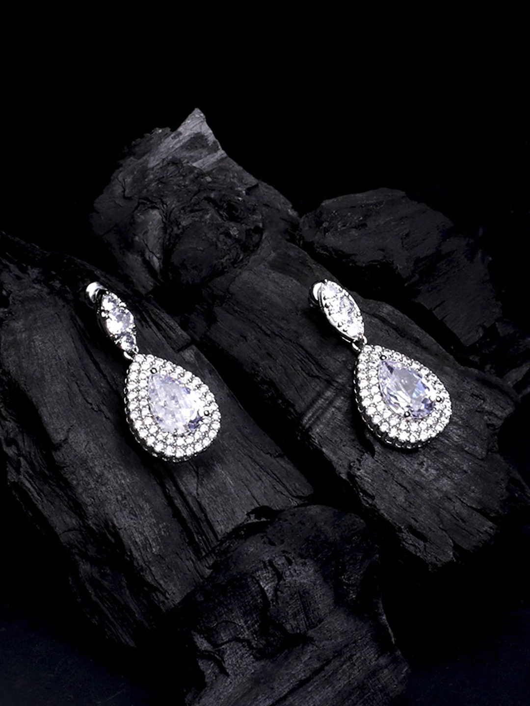 

Yellow Chimes Silver-Plated CZ Studded Teardrop Shaped Drop Earrings