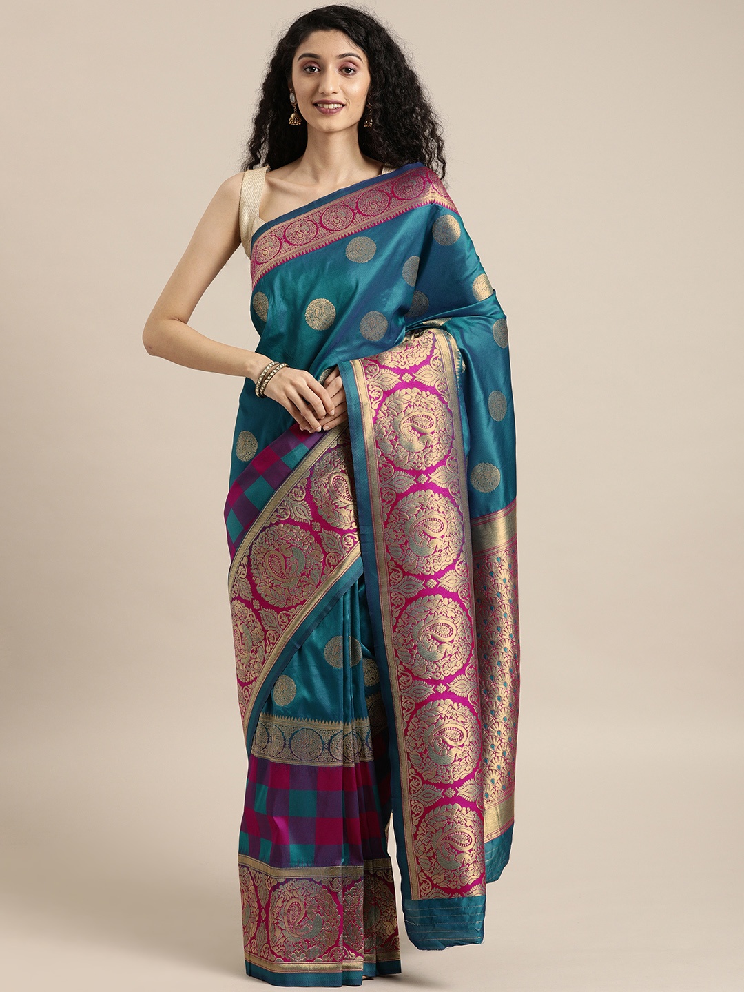 

SHARAA ETHNICA Teal Blue & Golden Silk Blend Woven Design Kanjeevaram Saree