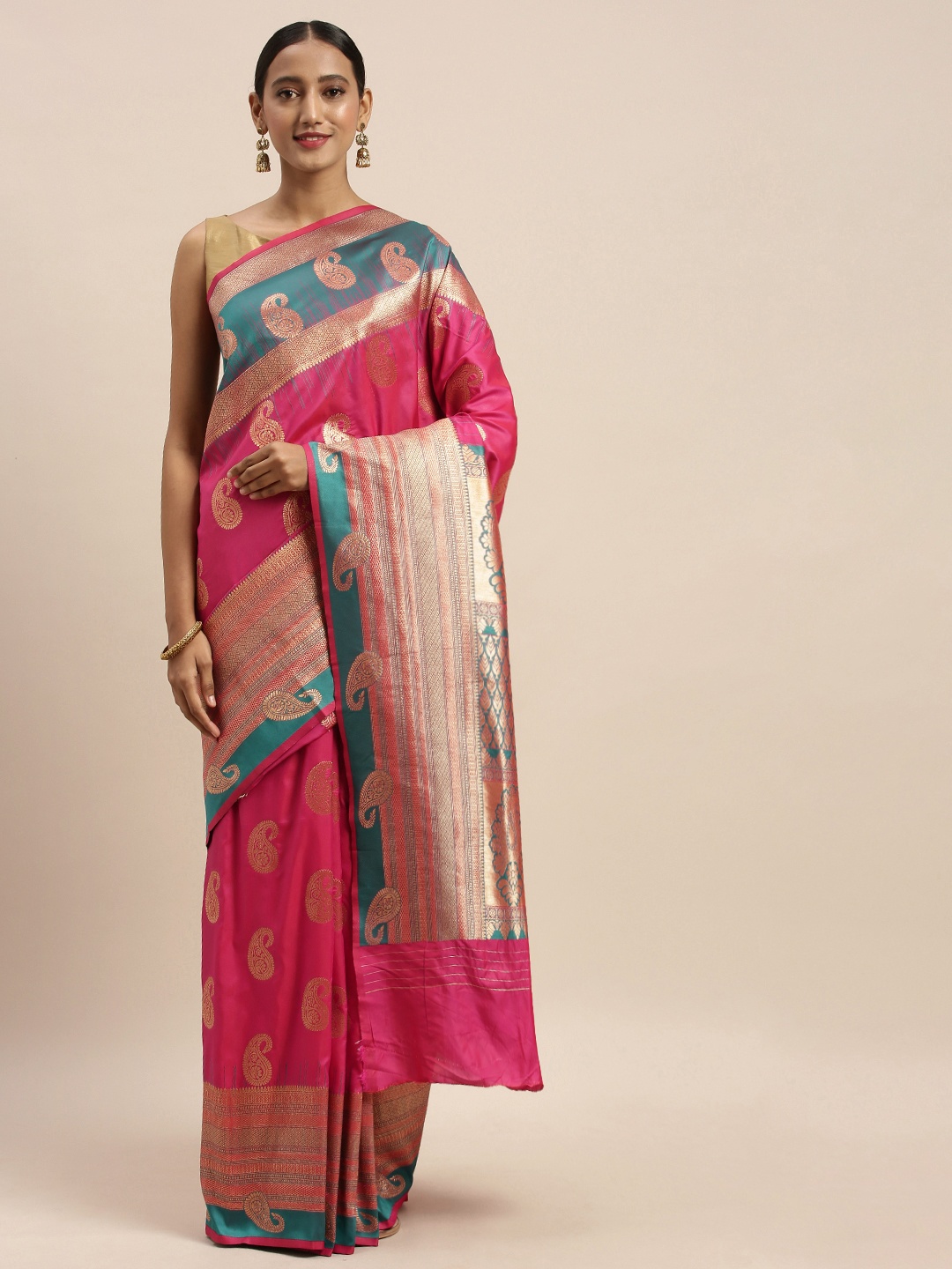 

SHARAA ETHNICA Pink & Gold-Toned Silk Blend Woven Design Kanjeevaram Saree