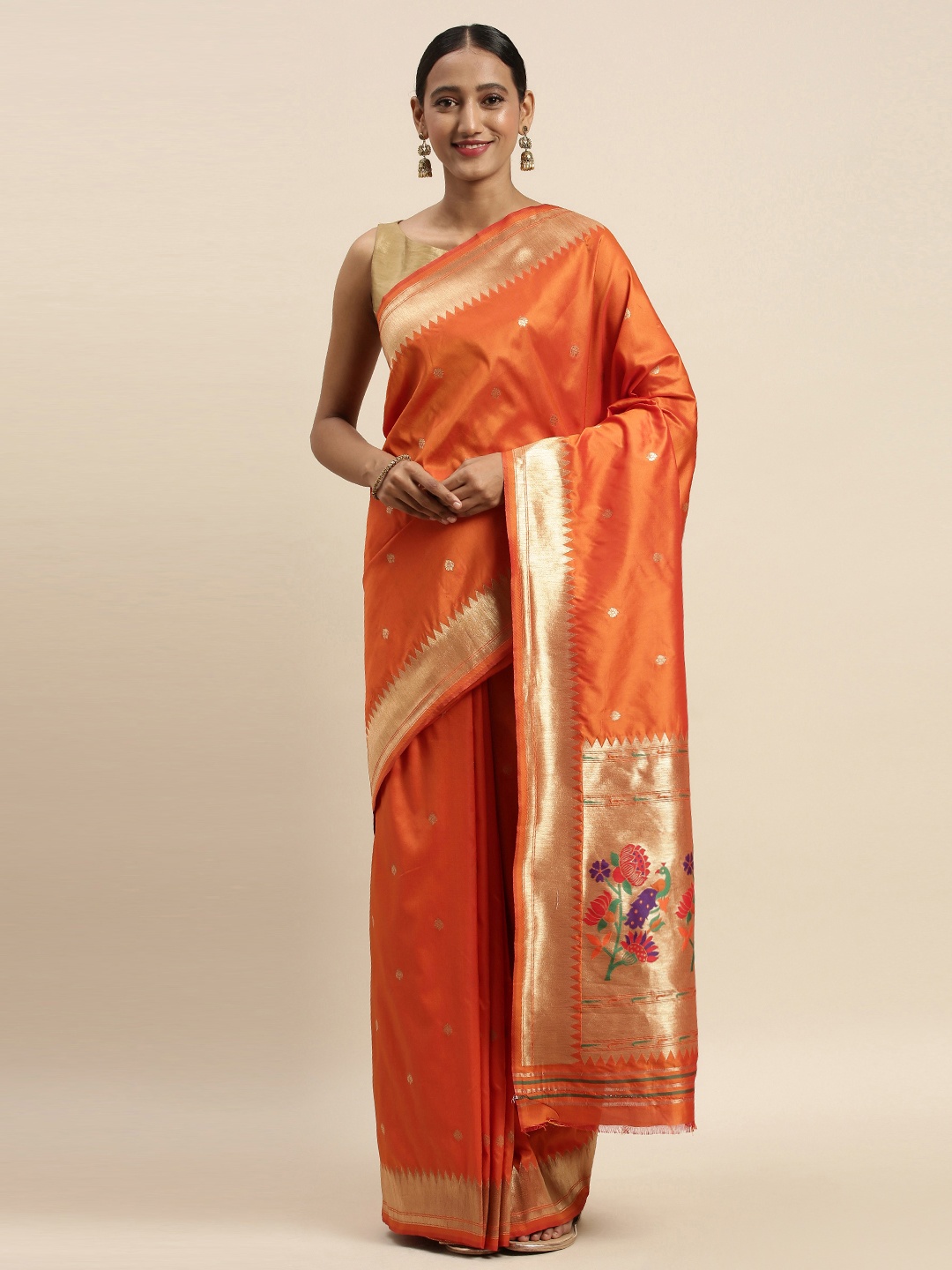 

SHARAA ETHNICA Orange Silk Blend Woven Design Kanjeevaram Saree
