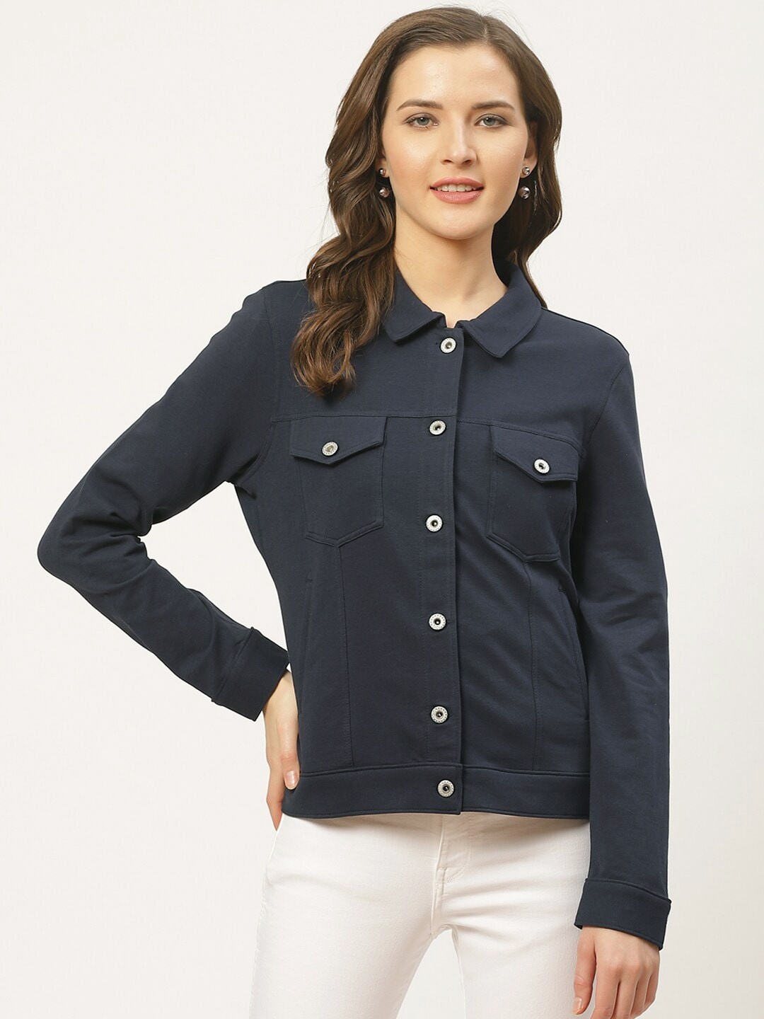 

Style Quotient Women Navy Blue Solid Slim Fit Lightweight Shacket