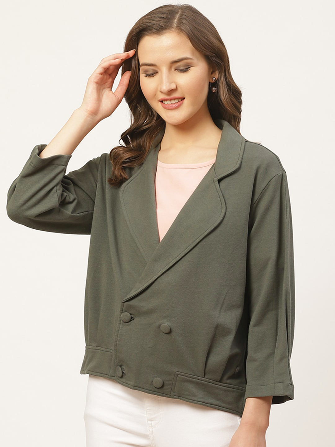 

Style Quotient Women Charcoal Grey Solid Lightweight Double-Breasted Tailored Jacket