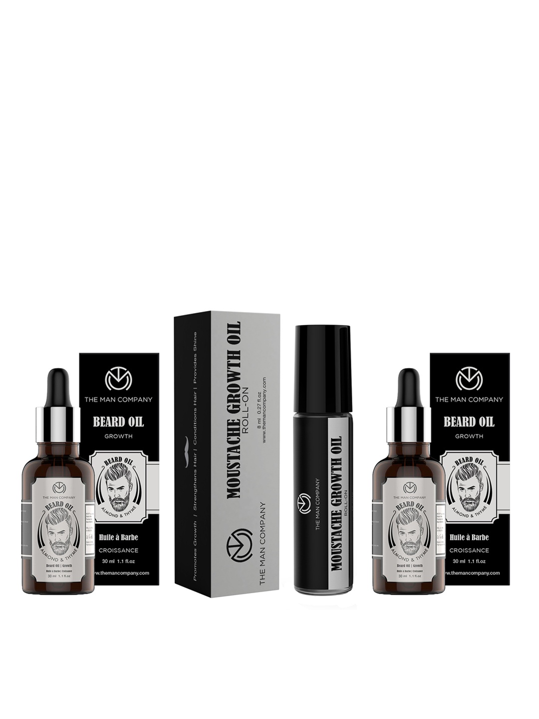

THE MAN COMPANY Set of 2 Almond & Thyme Beard Oil & 1 Moustache Growth Oil Roll-On, Black