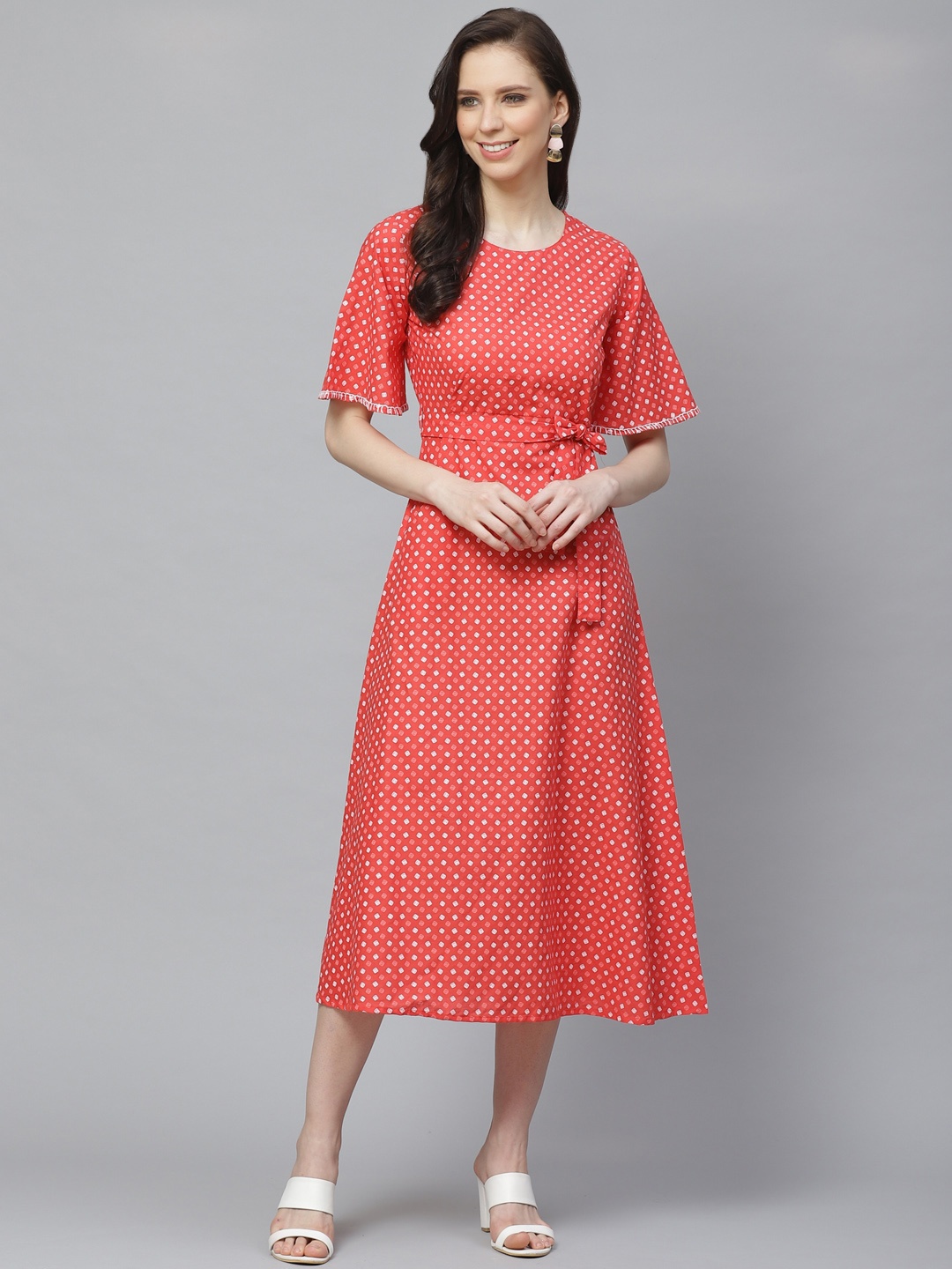 

AASI - HOUSE OF NAYO Women Coral Red & White Geometric Printed A-Line Dress