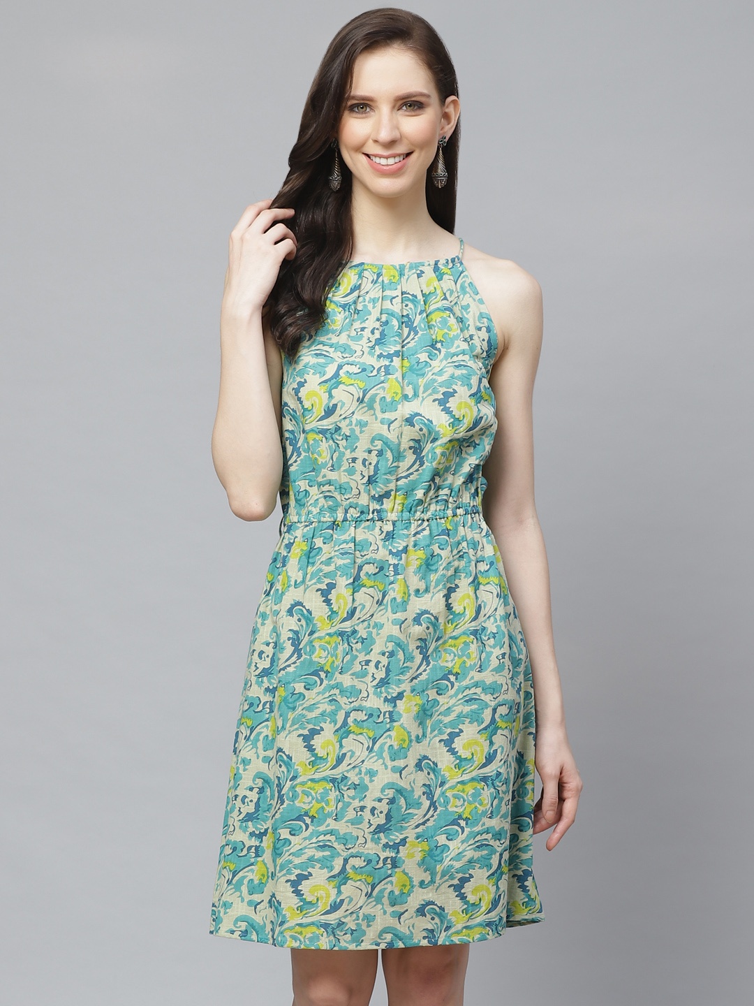 

AASI - HOUSE OF NAYO Off-White & Blue Abstract Printed Cotton A-Line Dress