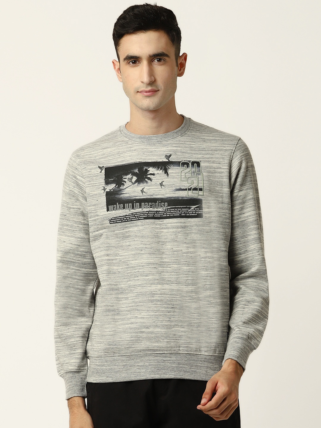 

Monte Carlo Men Grey Melange & Black Tropical Print Sweatshirt