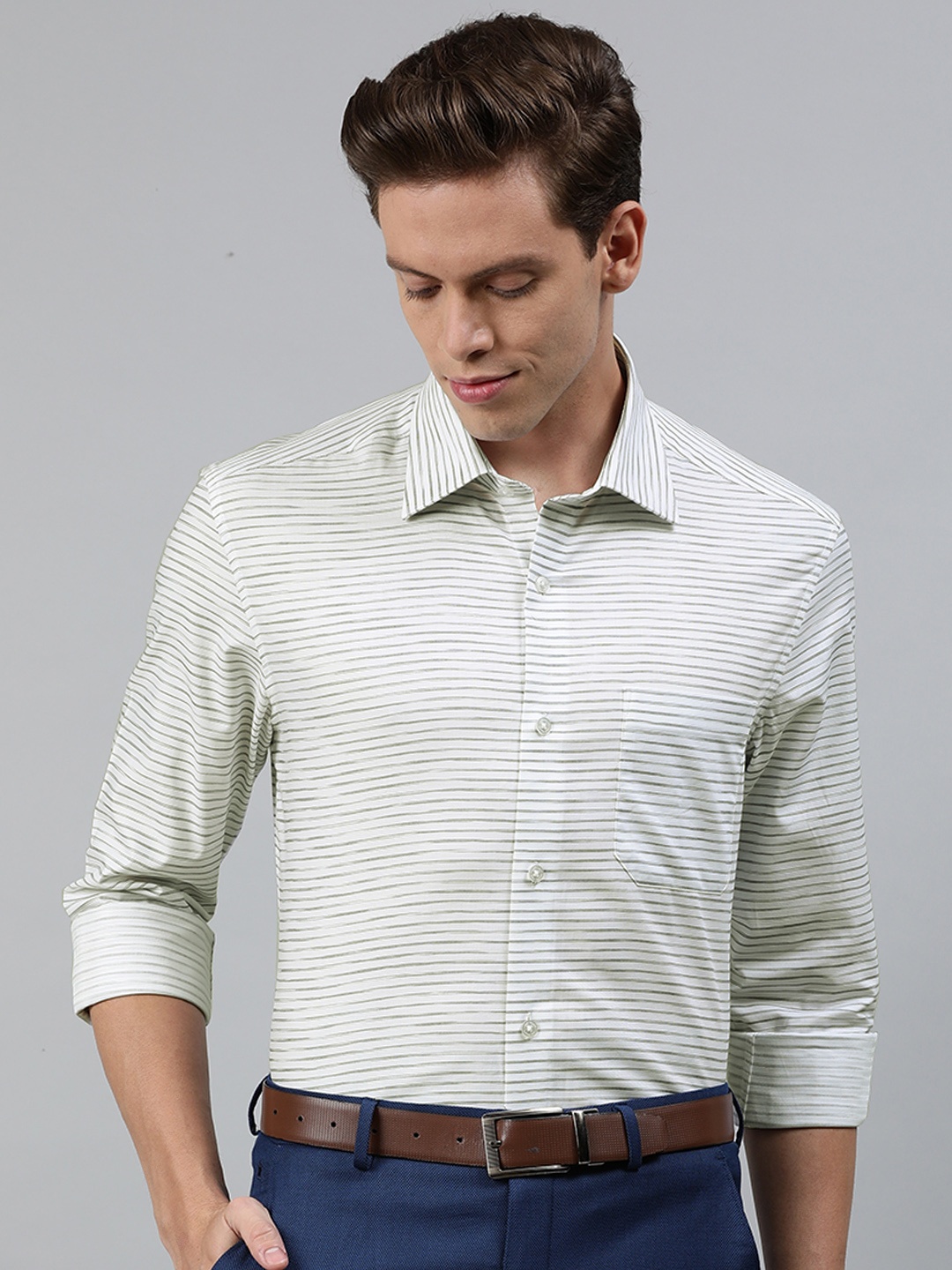

Louis Philippe Men White & Grey Classic Regular Fit Striped Formal Shirt