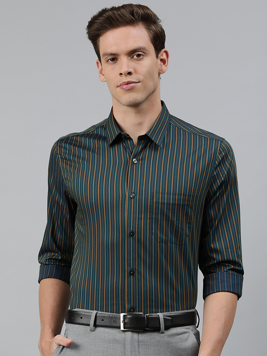 

Louis Philippe Men Green & Mustard Yellow Super Slim Fit Striped Formal Shirt