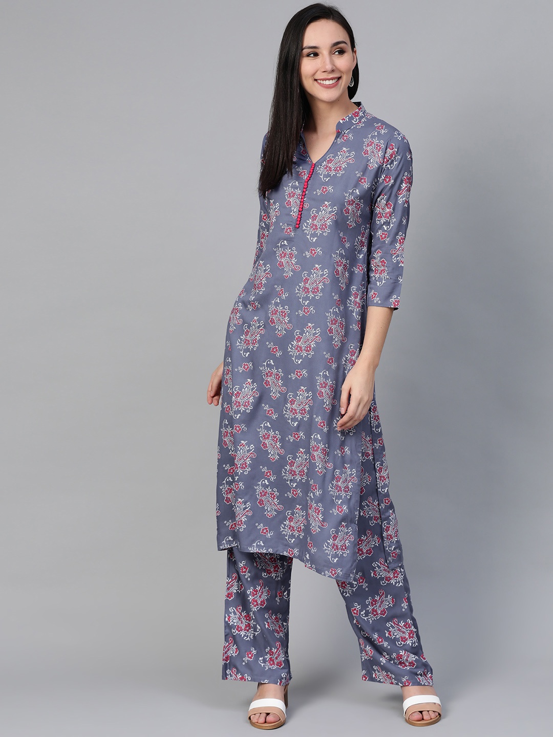 

Jompers Women Grey & Pink Block Printed Kurta with Palazzos
