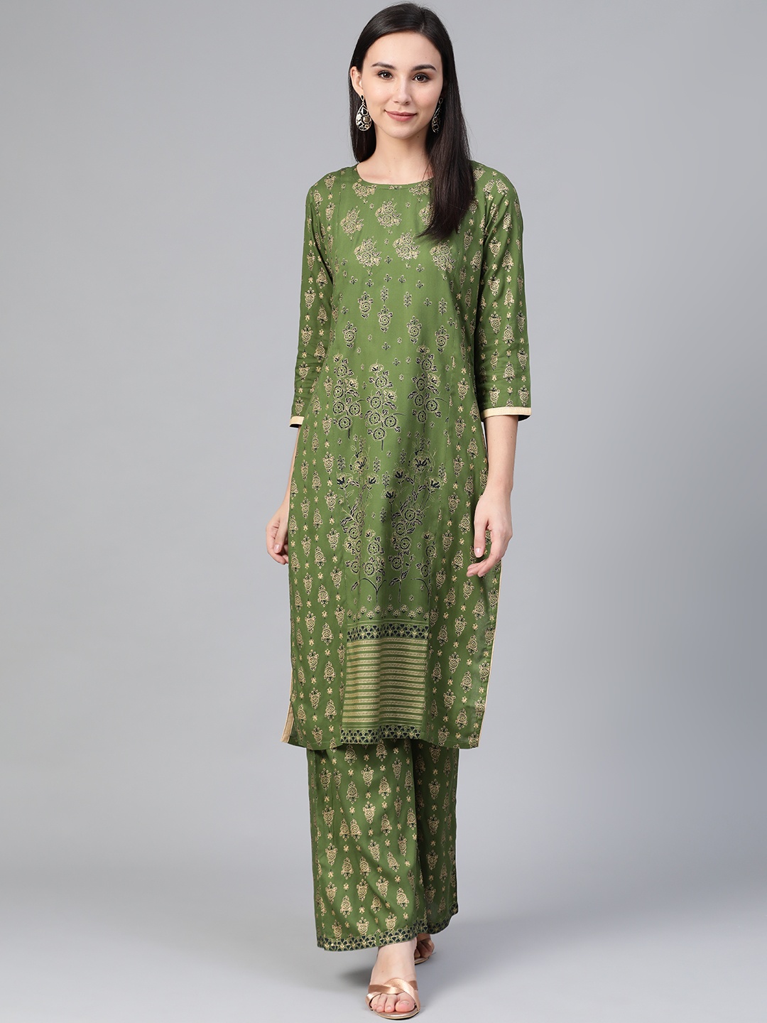 

Jompers Women Green & Golden Block Printed Kurta with Palazzos