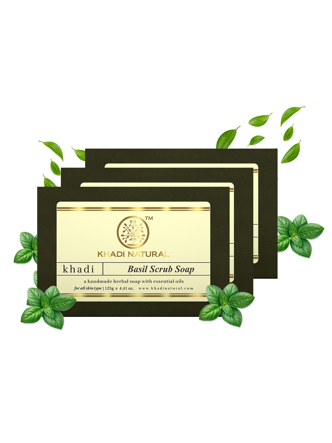 

Khadi Natural Set Of 3 Basil Scrub Soaps, Green