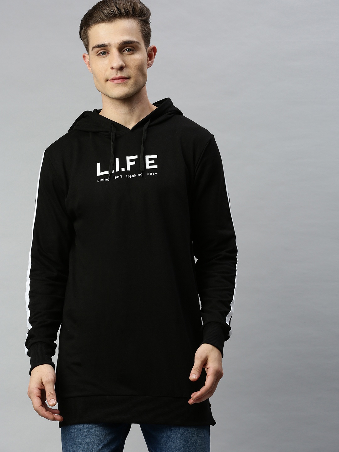 

Kook N Keech Men Black Printed Hooded Longline Pullover Sweatshirt with Side Taping